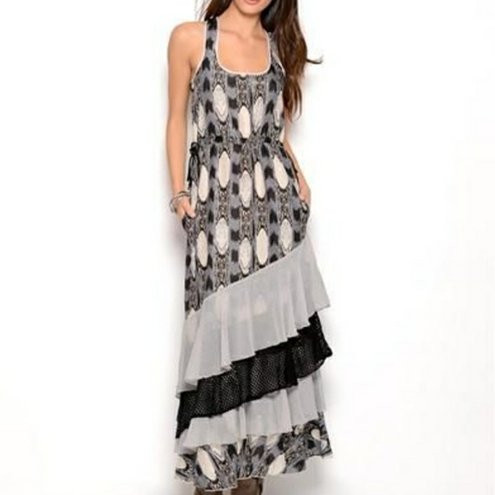 Tiered Maxi Dress Drawstring Waist Crochet Festival Spring Summer Fairygoth Sz 6